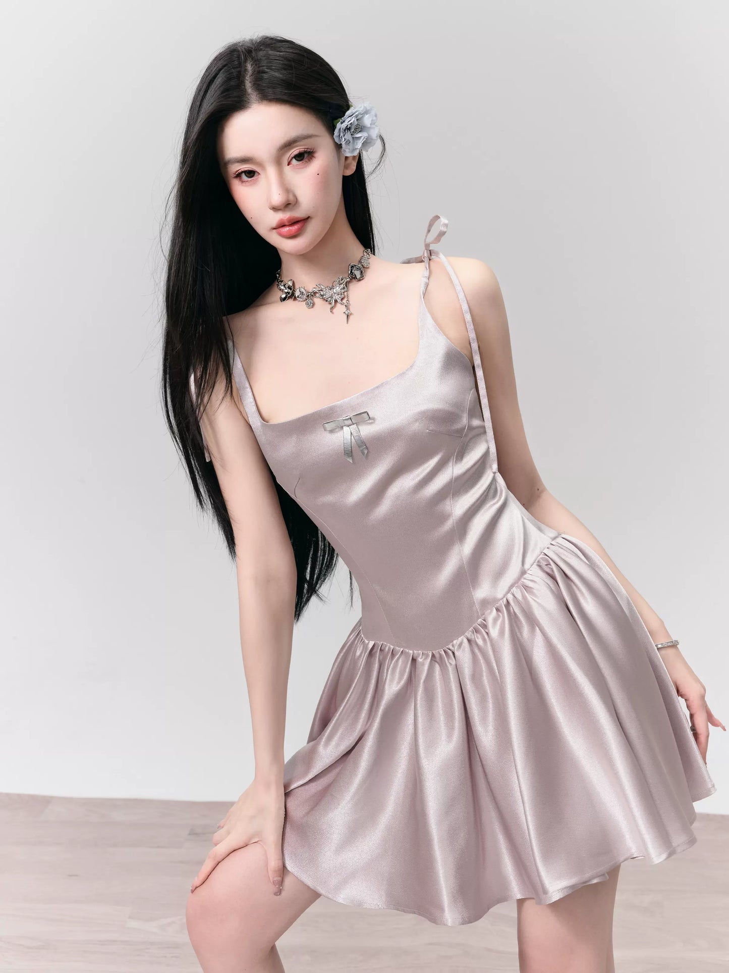 Satin Flowy Short Dress With Removable Faux Leather Bow