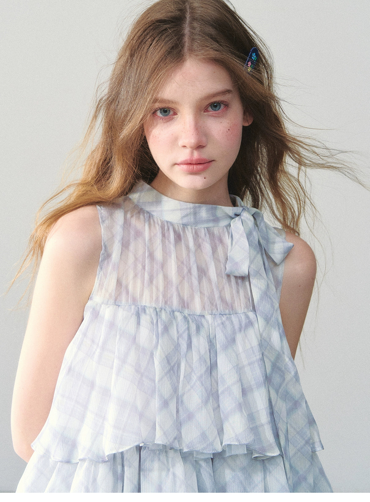 Sleeveless Plaid Chiffon Dress With Tiered Layers