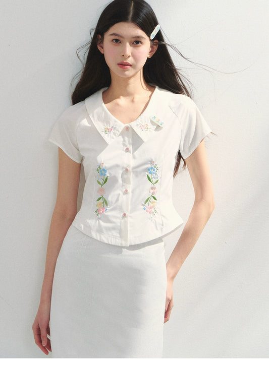 Floral Embroidered Fitted Blouse & Skirt In Pure Cotton