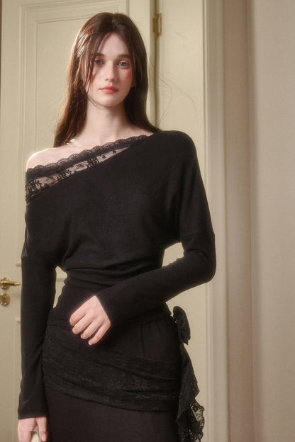 Lace-Detail Asymmetric One-Shoulder Top & Slit Skirt