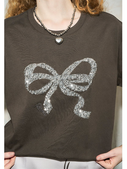 Bow Sequin Embroidery Loose Round Neck Short-sleeved T-shirt