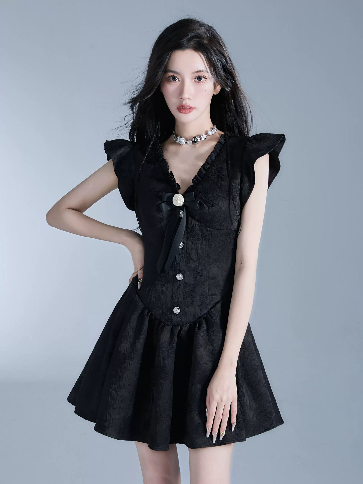 Butterfly Sleeve A-Line Short Dress With Bow And Rose