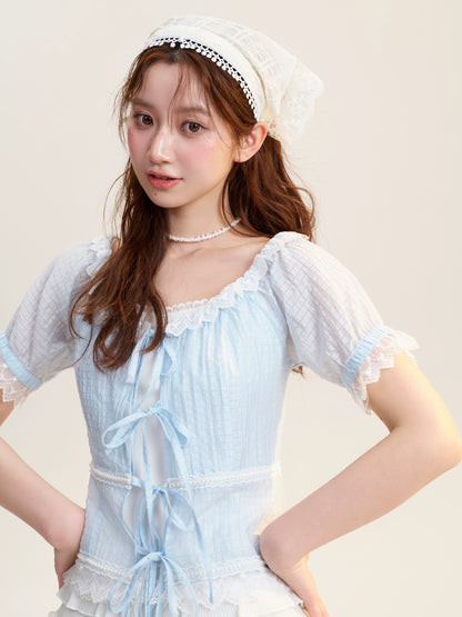 Tie Detail Sheer Blouse, Skirt & Ruffled Camisole