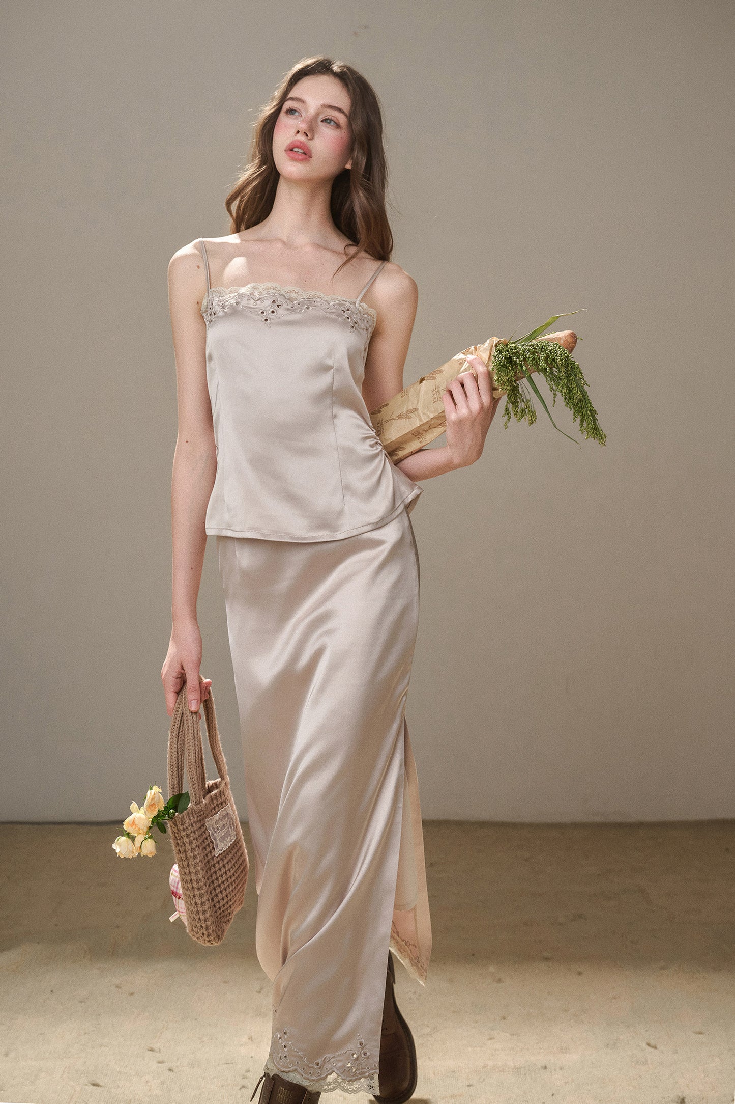 Pearl Satin Embroidered Camisole & Skirt