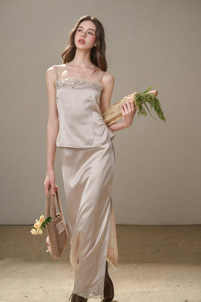 Pearl Satin Embroidered Camisole & Skirt
