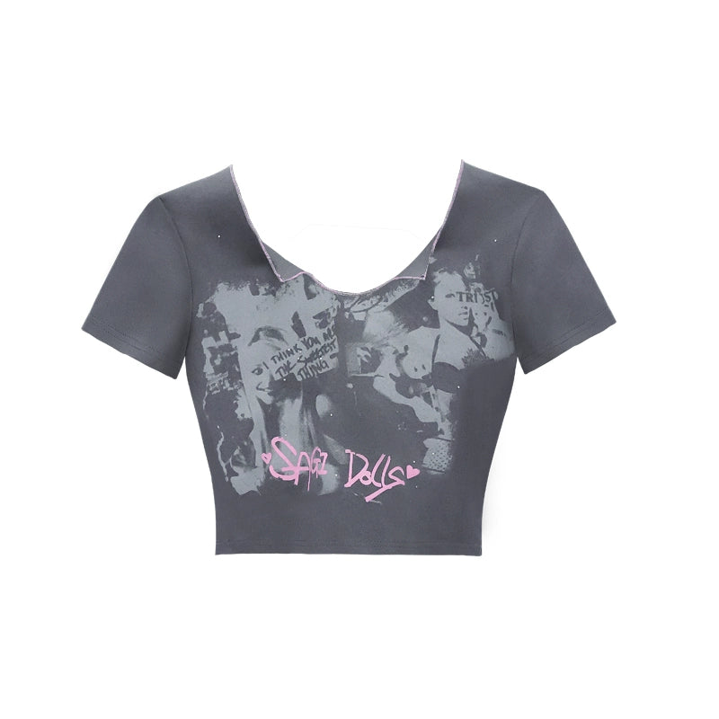 Piping Neck Cropped Print Fitted Baby Tee