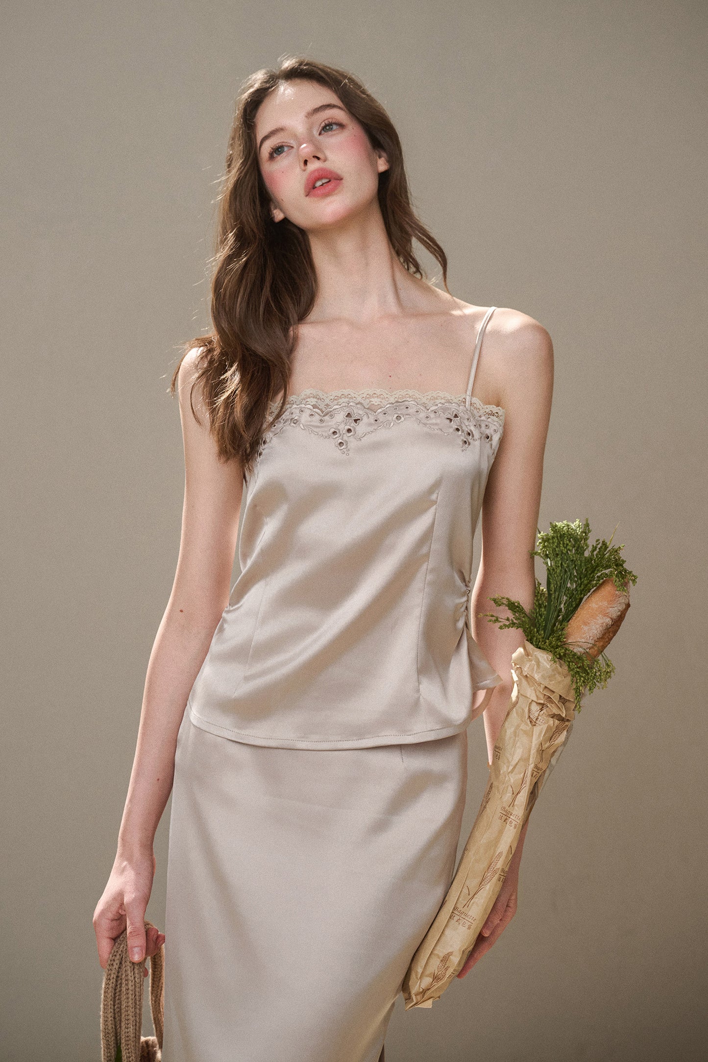 Pearl Satin Embroidered Camisole & Skirt