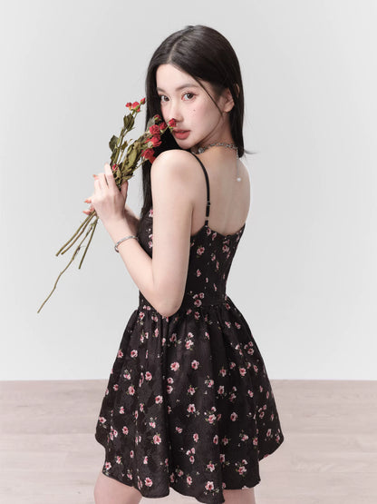 Rose Floral Short Cami Dress With Faux Leather Bow