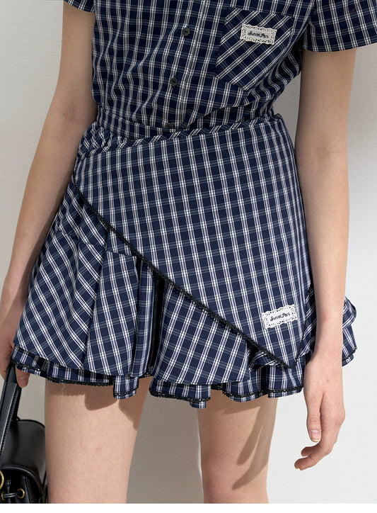 Multi-Layer Plaid Puffy Skirt With Triangle Scarf