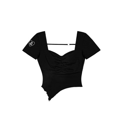 Heart Motif Embroidered Asymmetrical Cropped Top With Strap