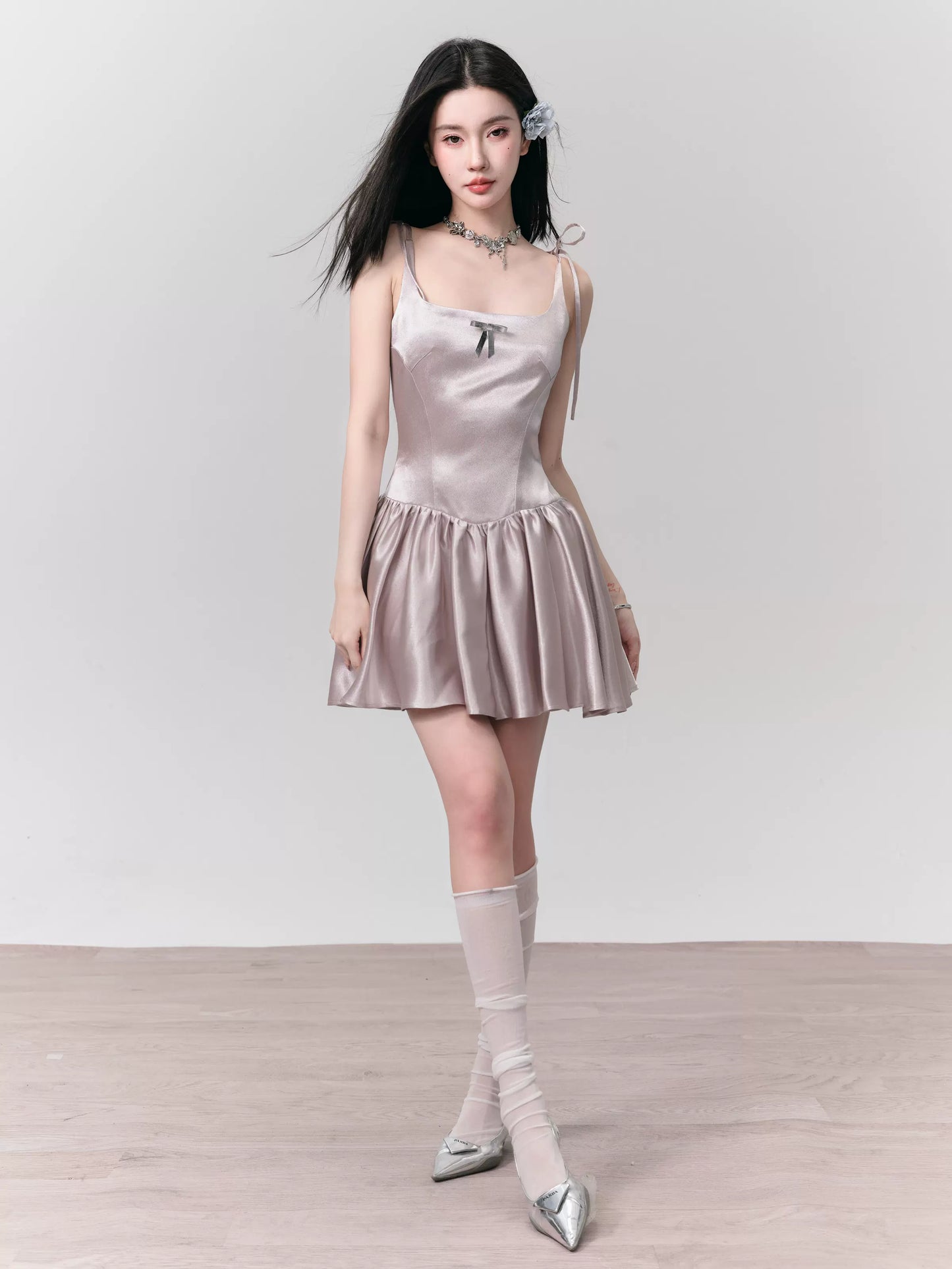 Satin Flowy Short Dress With Removable Faux Leather Bow