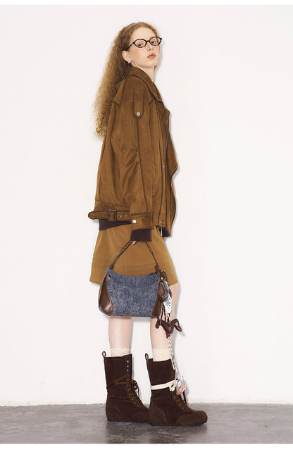 Corduroy-Trimmed Faux Suede Belted Jacket