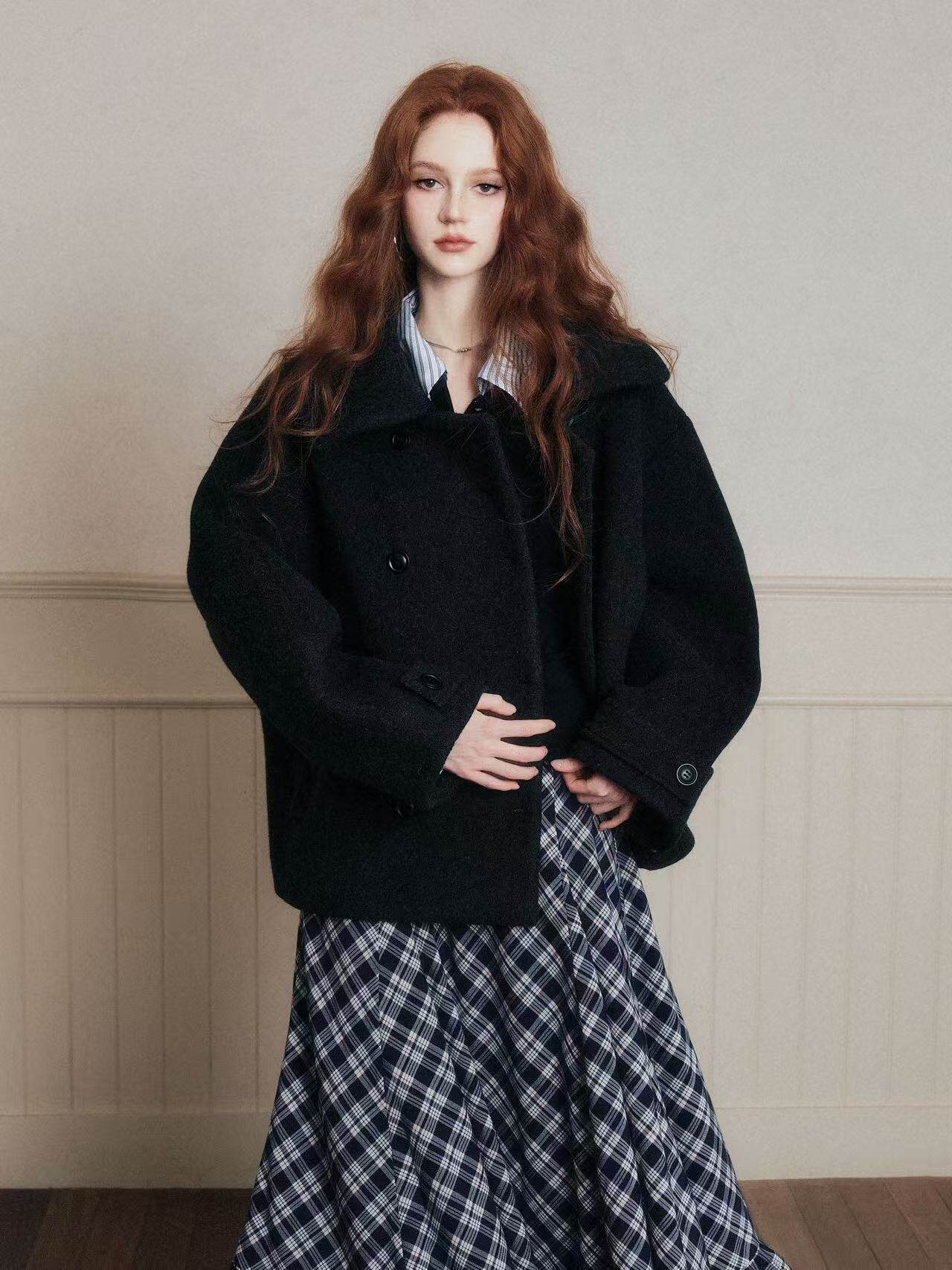 Double-Breasted Oversized Wool Short Coat