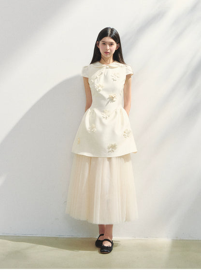 Round-Collar Mini Dress With Floral Embellishments