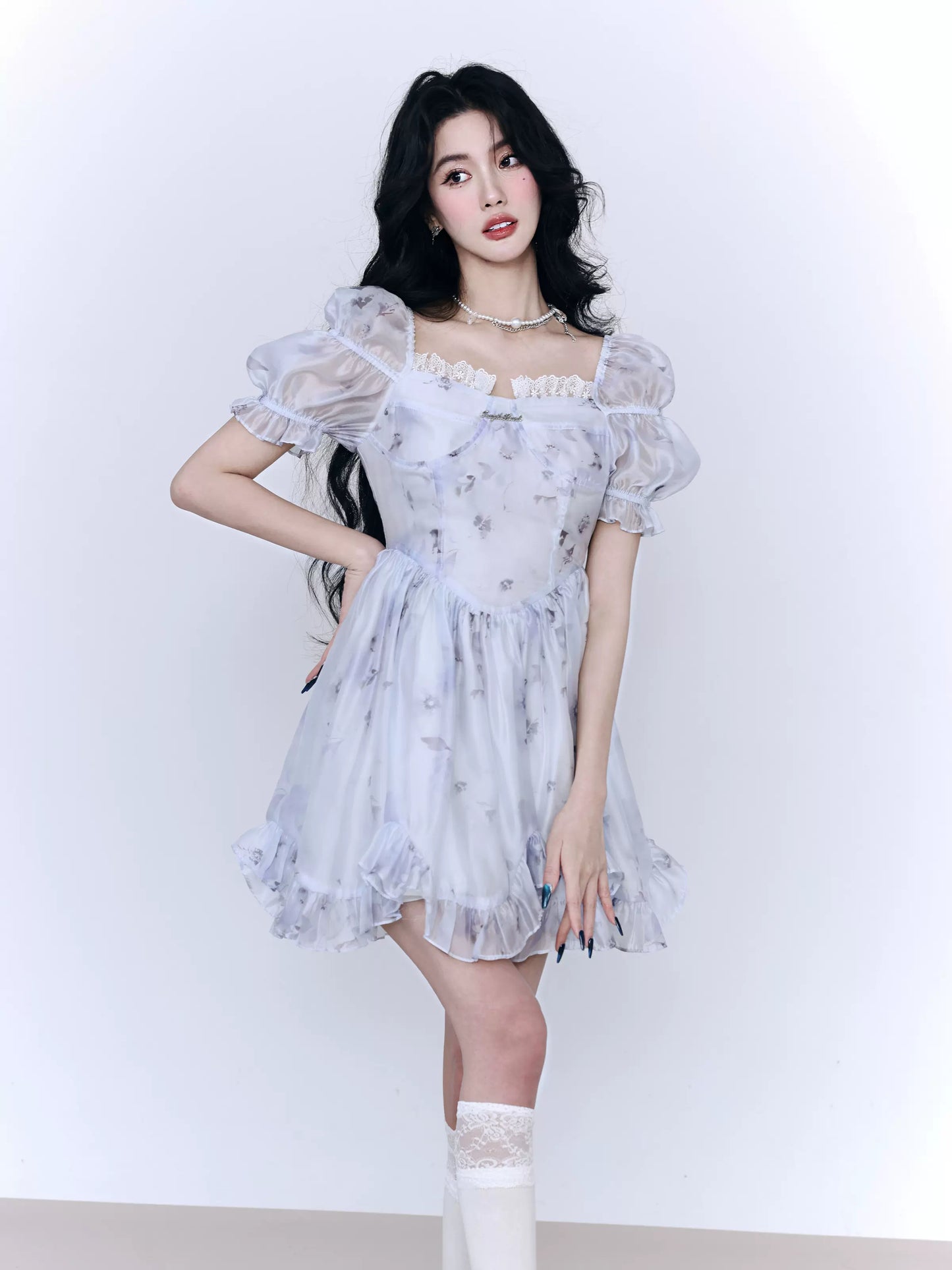 Floral Banded Puff Sleeve Ruffled Soft Short Dress