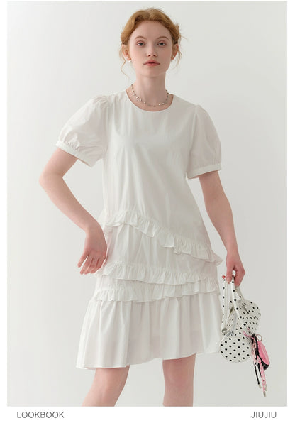 Puff-Sleeve Asymmetrical Ruffled Dress