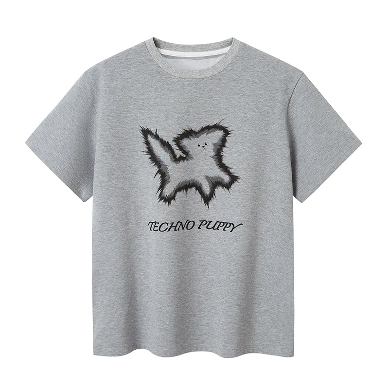 Puppy Print T-shirt Round Neck Loose Shoulder Drape Short-Sleeved