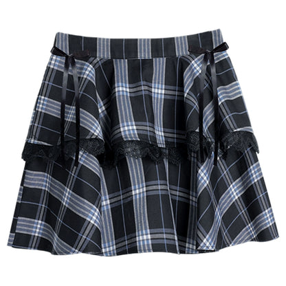 Plaid Two-Way Puff Sleeves Top And Tiered Skirt With Bows