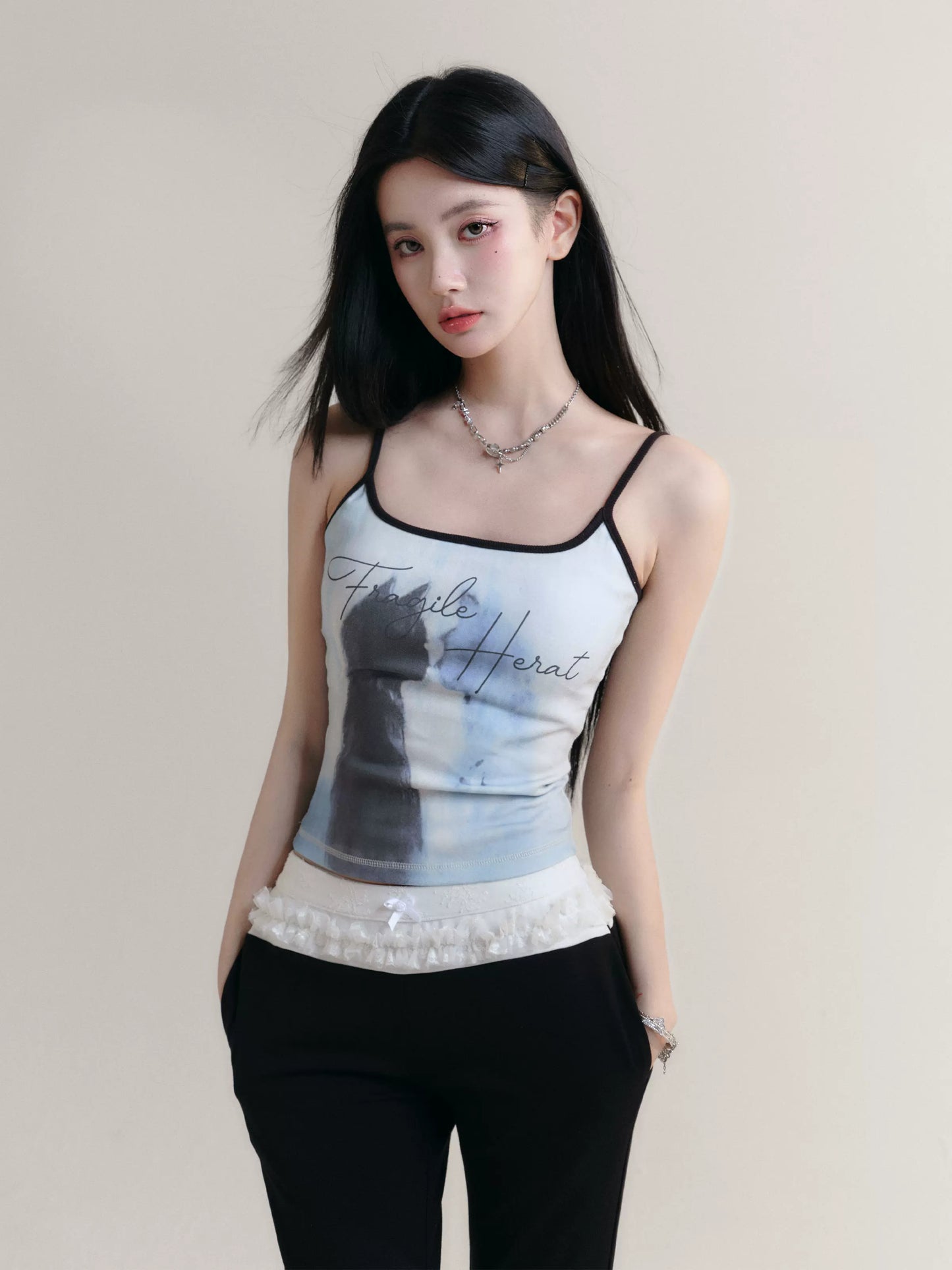 Cat Print Contrast Color Fitted Camisole Top