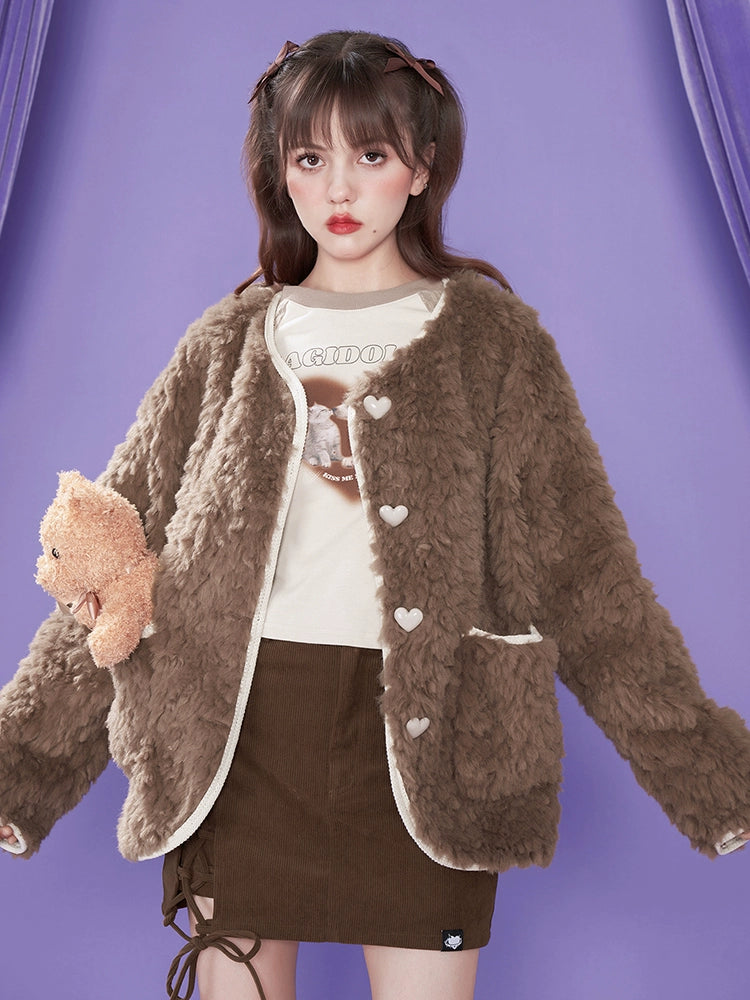 Faux Fur Jacket With Heart Buttons And Pockets