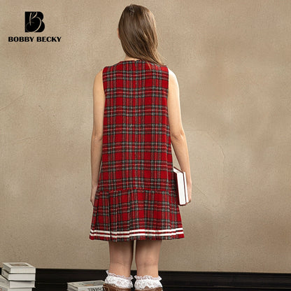 Preppy Style Pleated Wool Plaid Miniskirt Vest One-Piece Dress