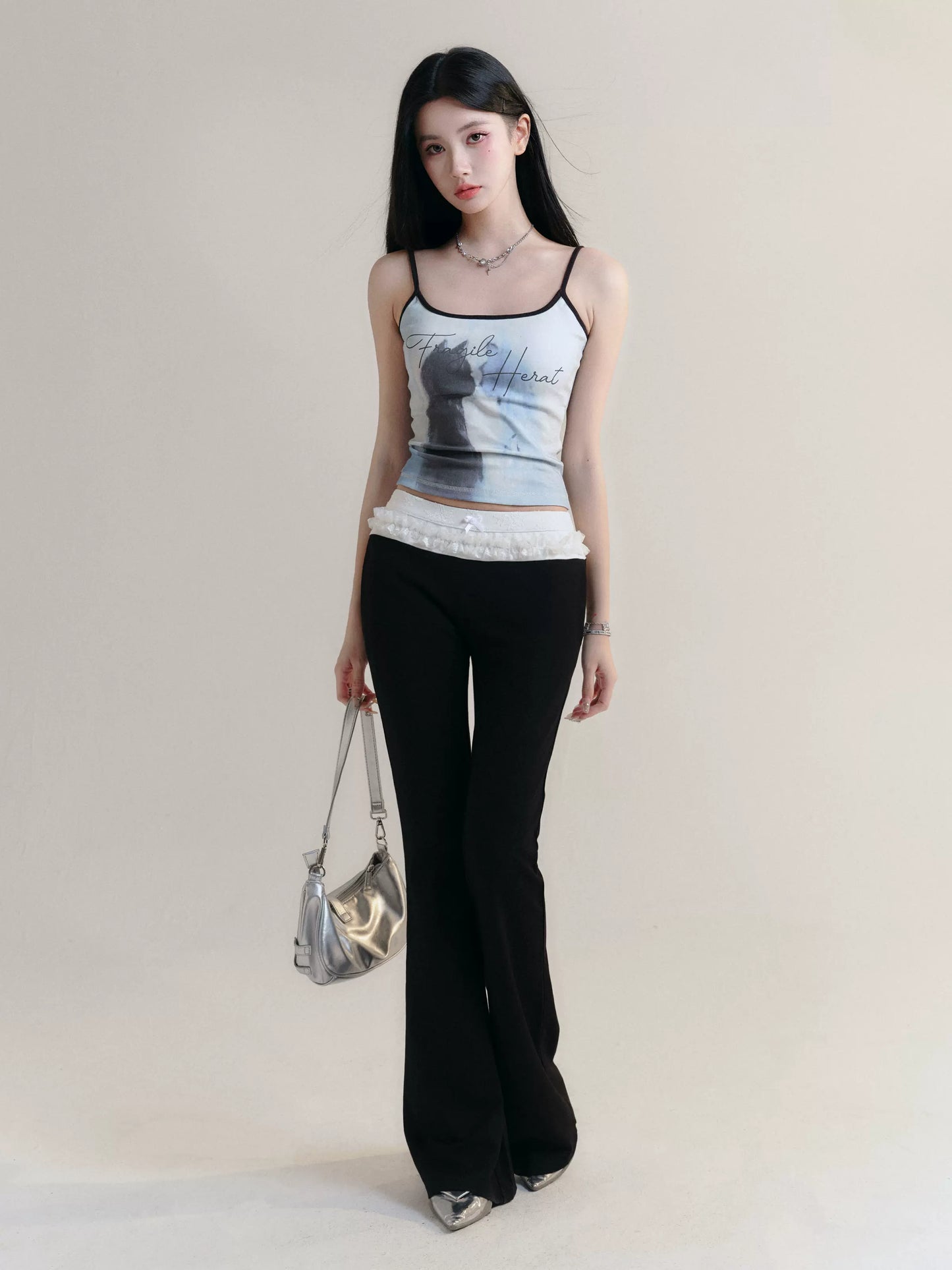 Cat Print Contrast Color Fitted Camisole Top