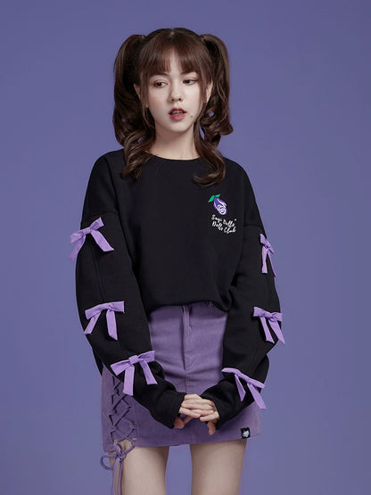 Rose Printed Loose Fit Sweatshirt with Bows