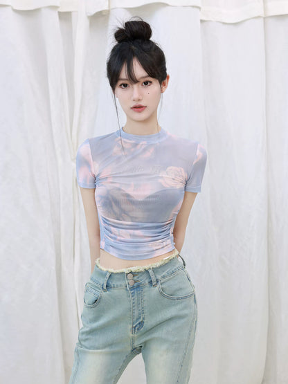 Rose Print Sheer Stretchy Ruched Mock Neck T-Shirt