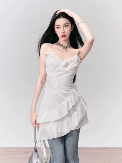 Rose Corsage Asymmetric Ruffled Short Chiffon Dress