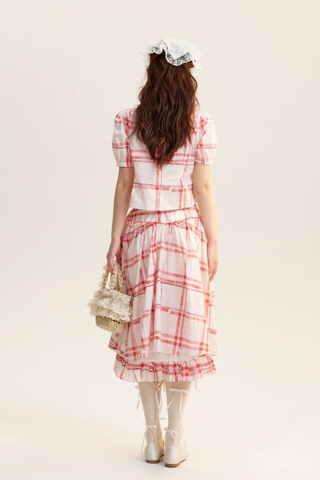 Plaid Square-Neck Blouse & Matching Volume Skirt