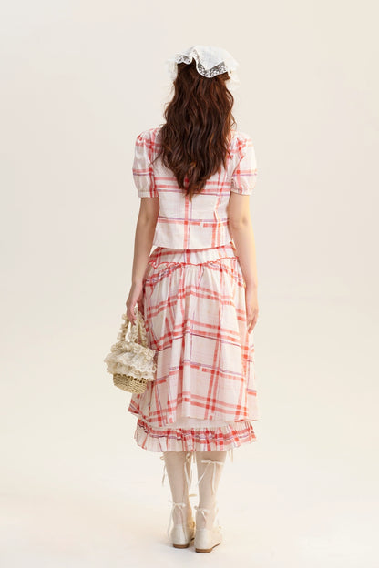 Plaid Square-Neck Blouse & Matching Volume Skirt