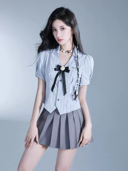 School Girl Style Rose Open Collar Shirt And Pleated Skirt