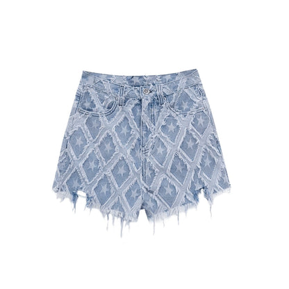 High Waisted Distressed Denim Shorts With Star Pattern