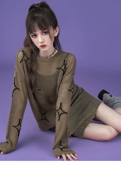 Long Sleeved Cross Hollow Star See-through Pullover