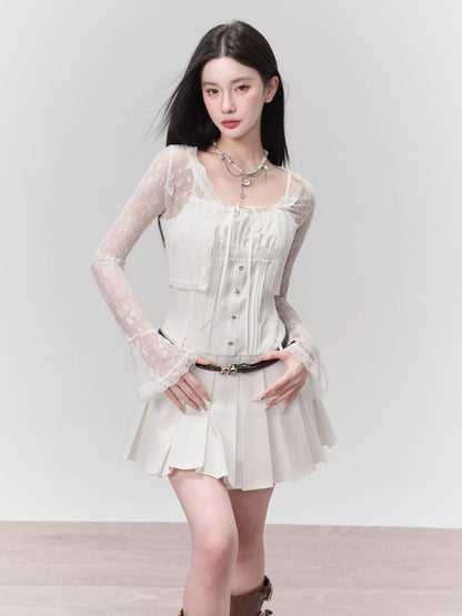 See-Through Cropped Lace Cardigan With Flared Cuffs