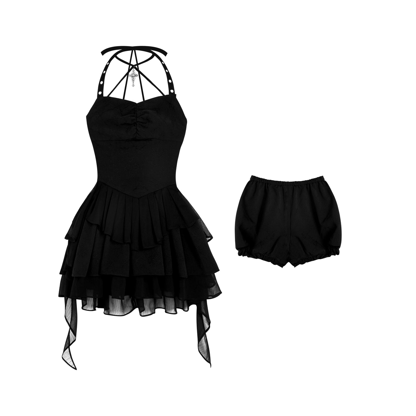 Punching Strap And Cross Strap Mini Dress With Shorts