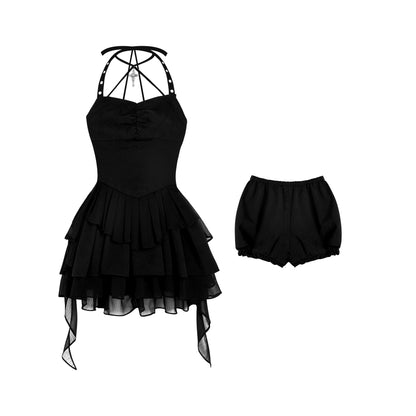 Punching Strap And Cross Strap Mini Dress With Shorts