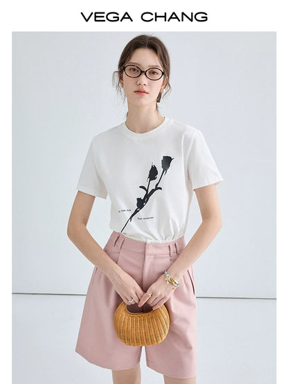 Minimal Flower Contrast Print Round Neck T-Shirt