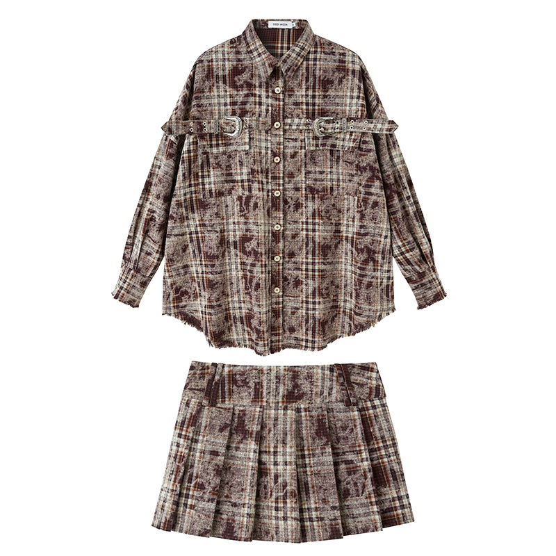 Maillard Style Contrast Plaid Shirt & Pleated Skirt