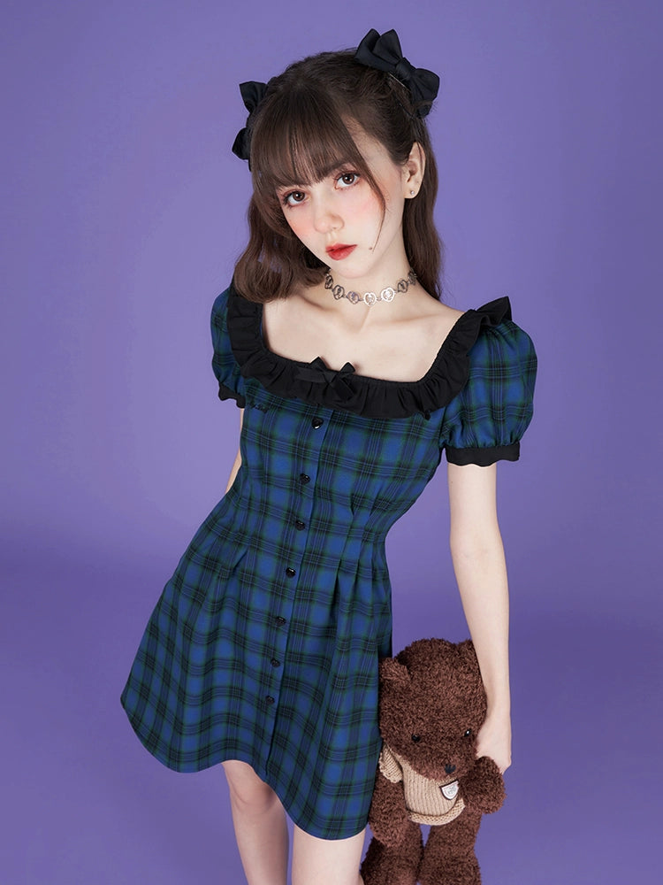 Plaid Frilled Square Neck Short Dress Fitted At Waist