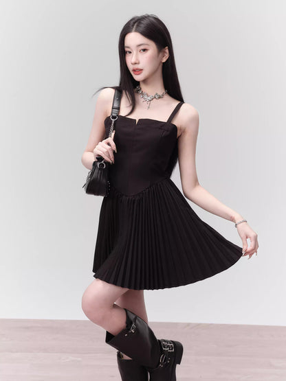 High Waist Pleated Silky Twill Short Dress With Wide Straps