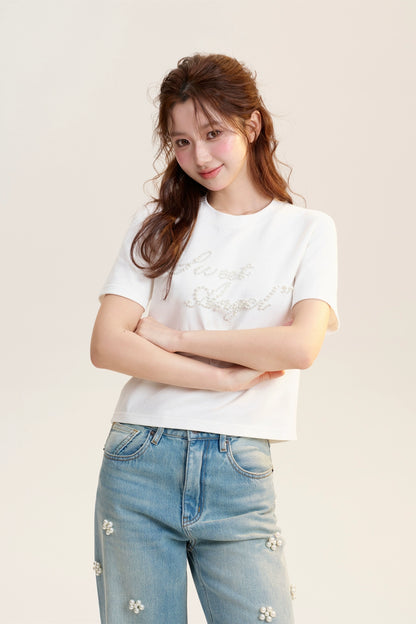 Pearl Beaded Lettering T-Shirt