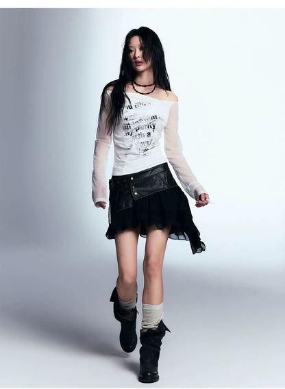 Asymmetric Ruffled Skirt With Faux Leather Detail