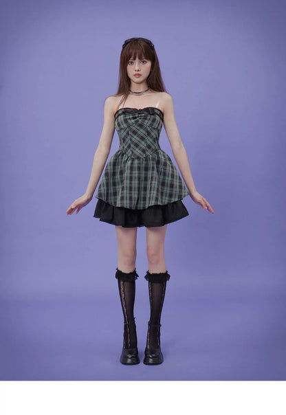 Checkered Tube Top Slim Fit Zip-Up Mini Dress With Bow