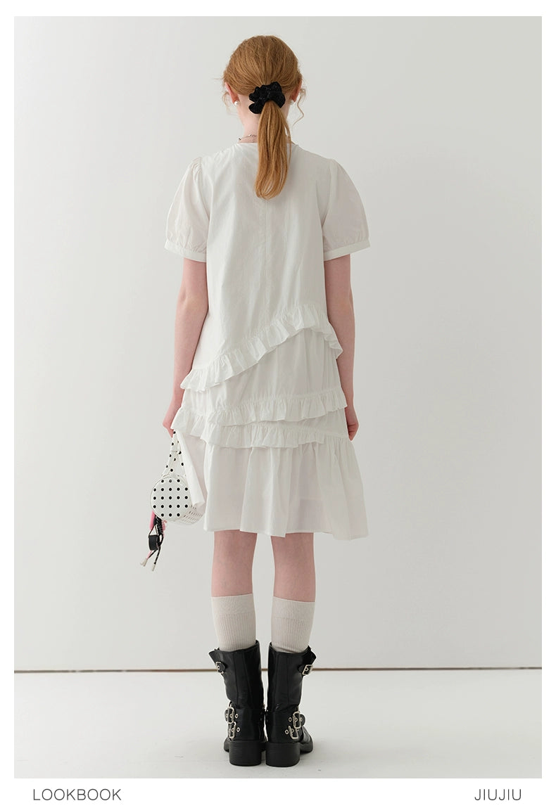 Puff-Sleeve Asymmetrical Ruffled Dress