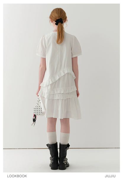 Puff-Sleeve Asymmetrical Ruffled Dress
