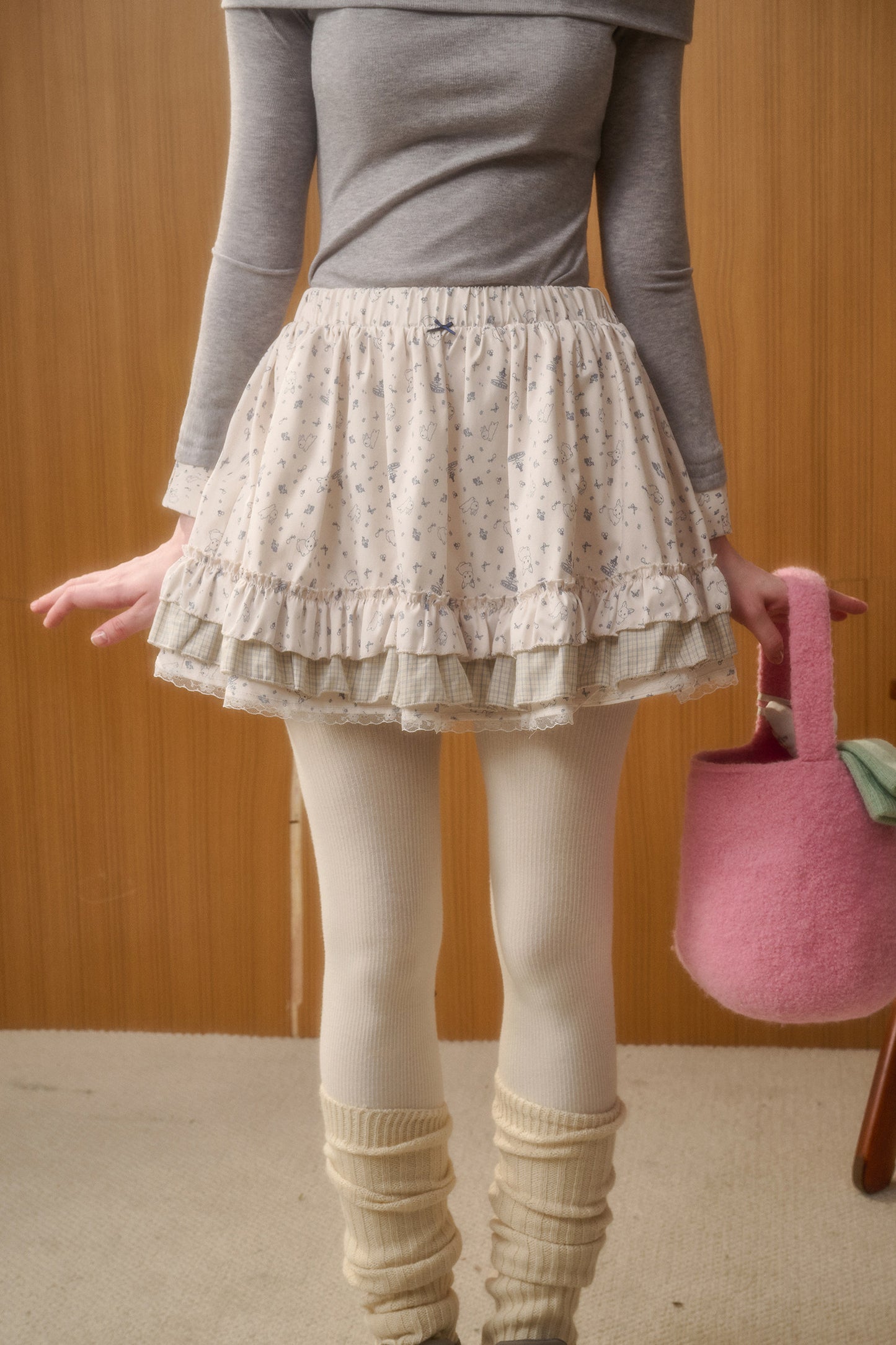 Bunny Print Layered-Look Top & Ruffled Skirt