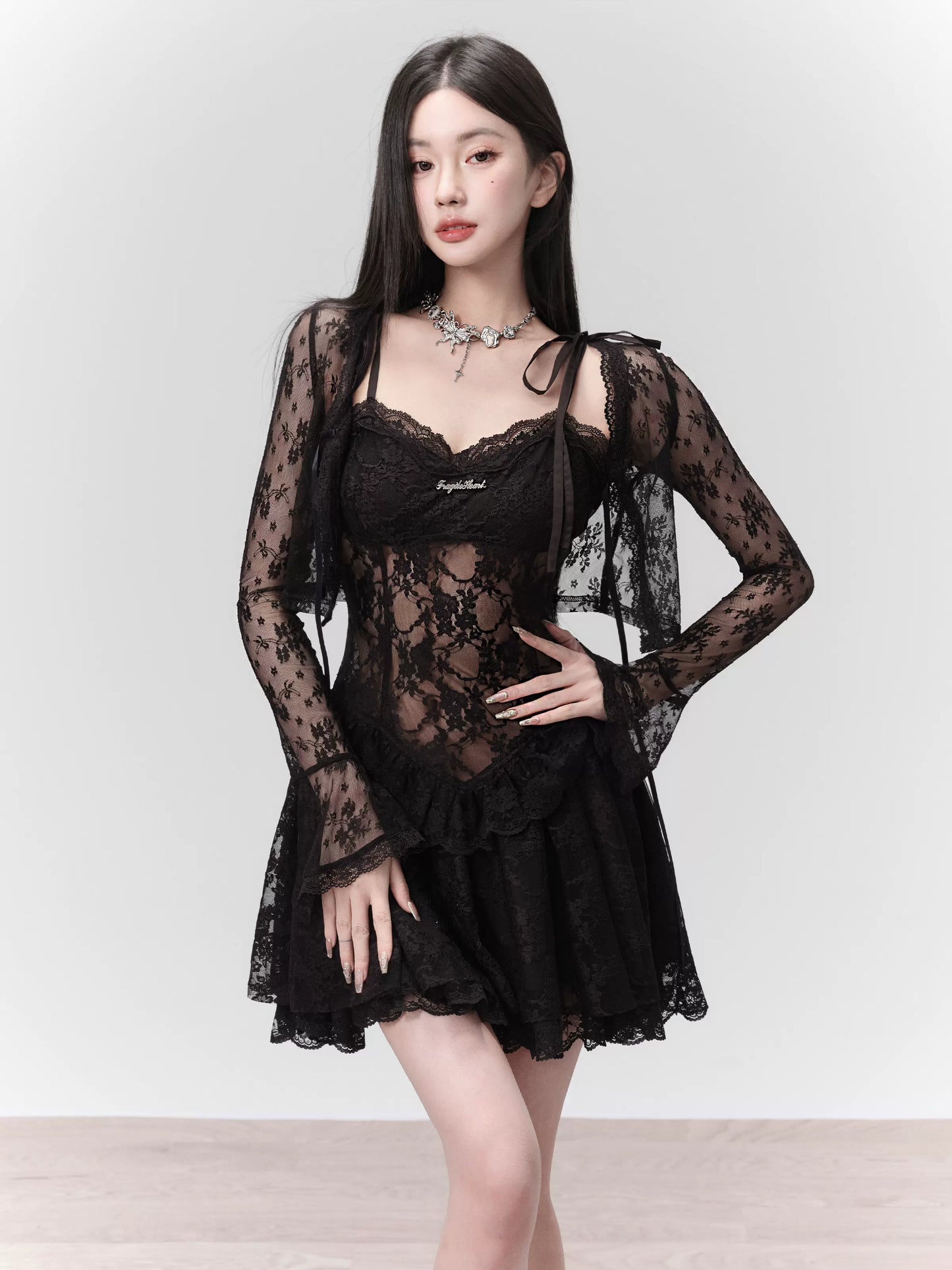 See-Through Cropped Lace Cardigan With Flared Cuffs