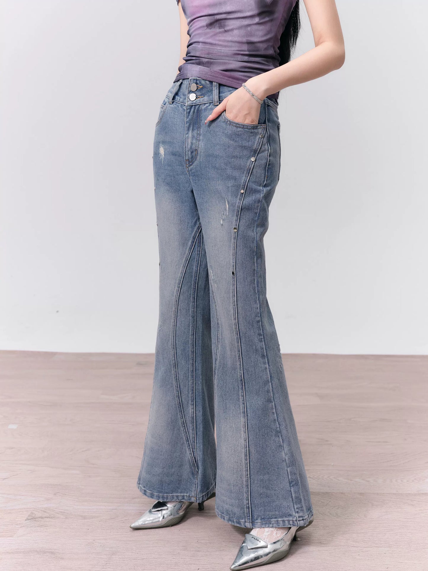 Distressed Washed Slim Flared Bell Bottom Jeans