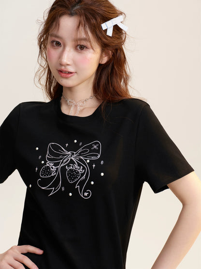 Beaded Bow-Printed T-Shirt
